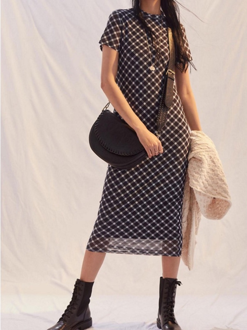Anthropologie Black and White Plaid Midi Dress